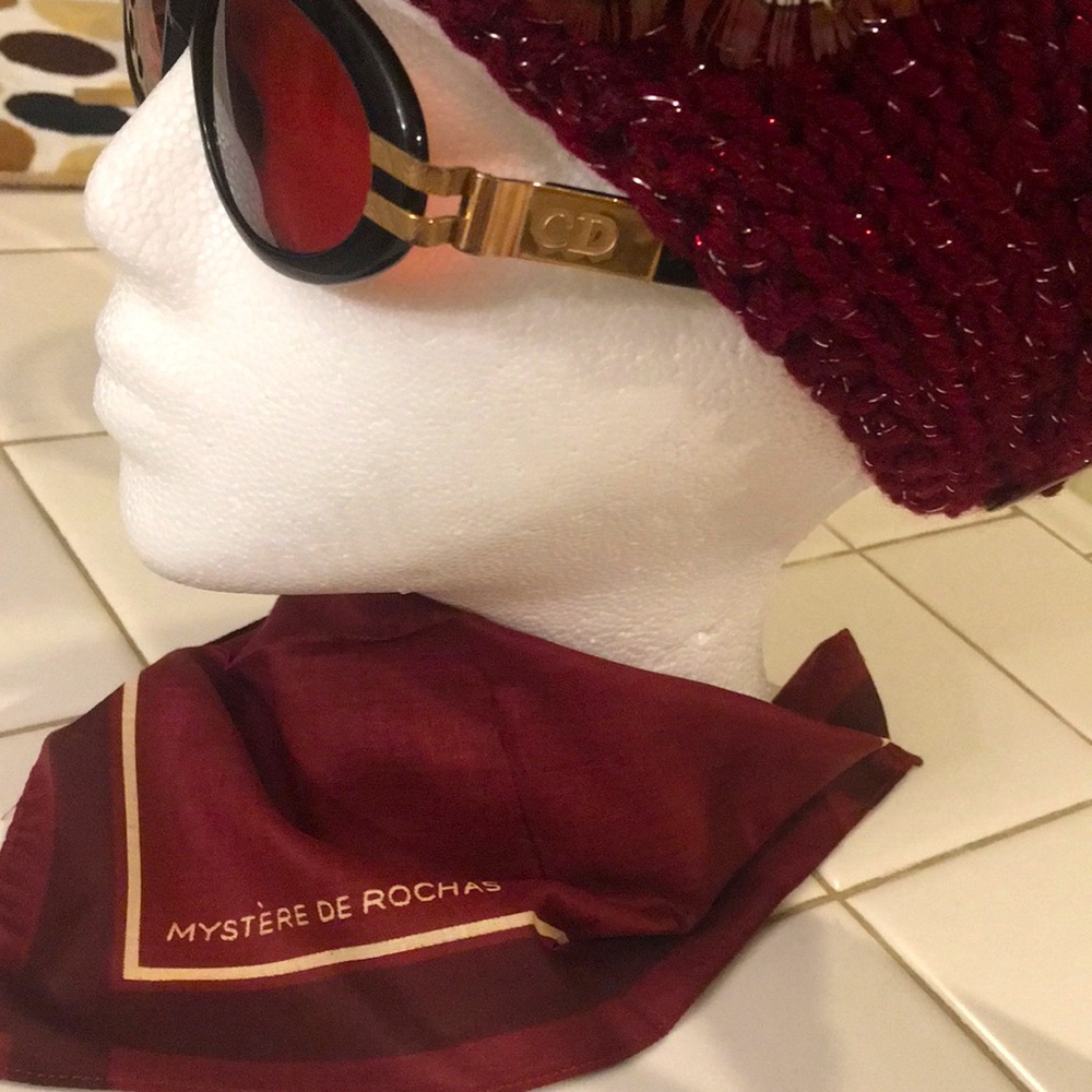Burgundy Metallic Knit Wide Headband/Hat with Feather & Beaded Accent - Picture 10 of 10